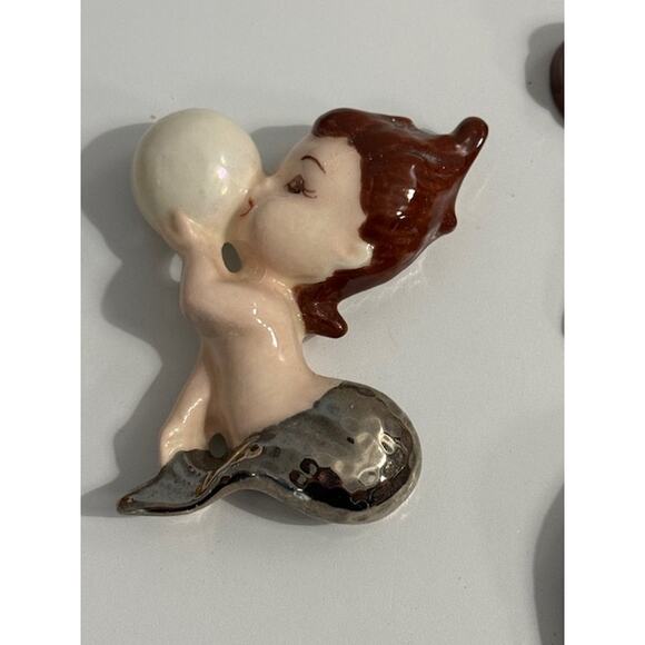 MCM Set of 3 Mermaid Wall Hanging Chalkware Plaster Signed 1970 - Picture 4 of 7